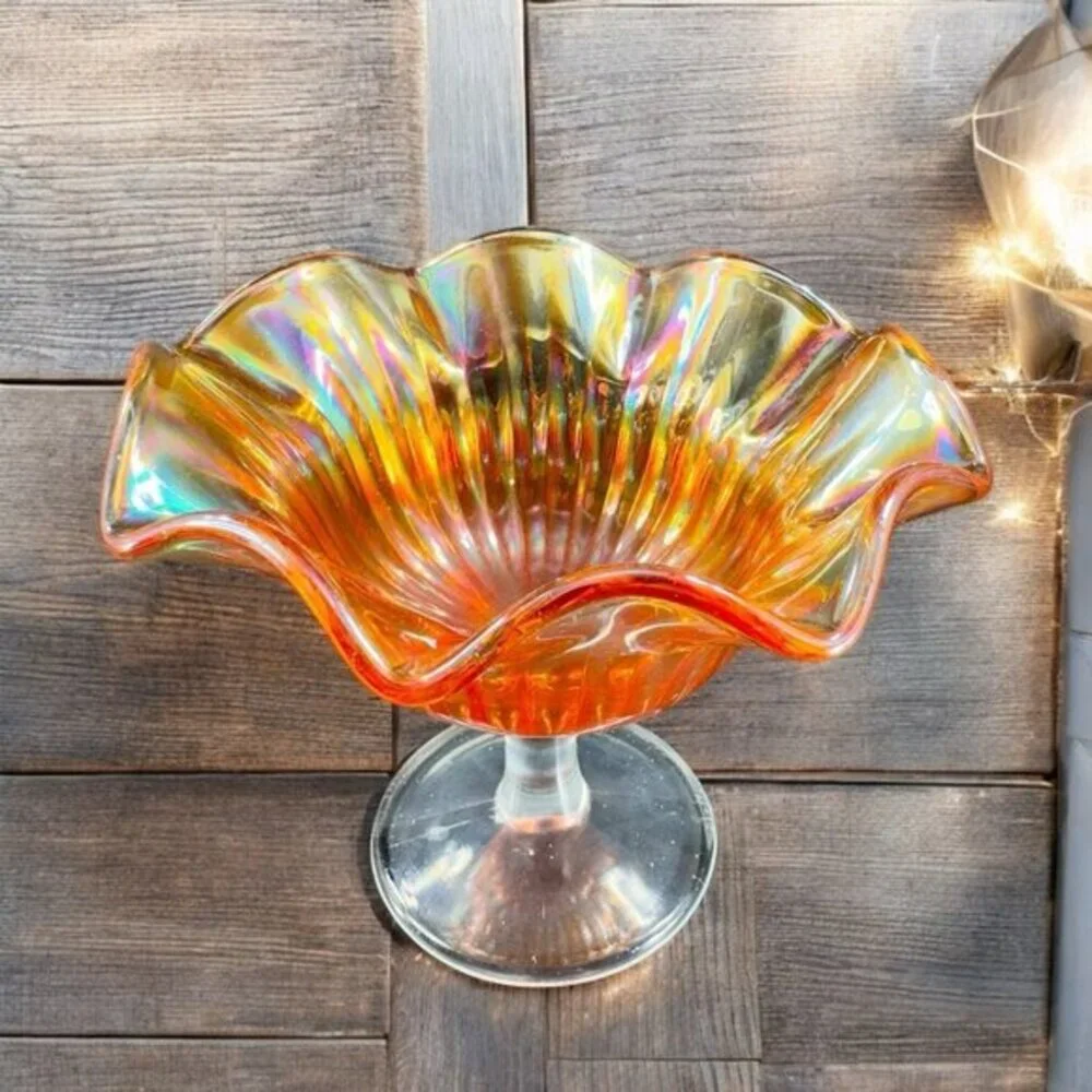 VTG Marigold Carnival Glass Iridescent Ruffled Pedestal Compote Footed Dish Bowl